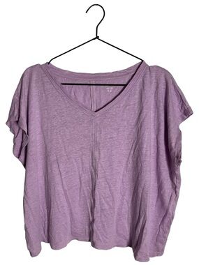 Eileen Fisher Organic Linen Jersey V-Neck Boxy Tee Top Purple Lavender Medium